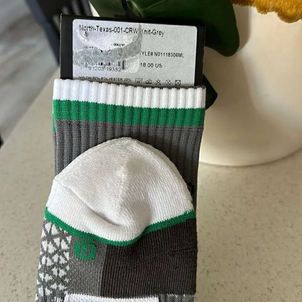 NWT University of North Texas Strideline Gray Socks M/L Knit Striped Crew Sports
